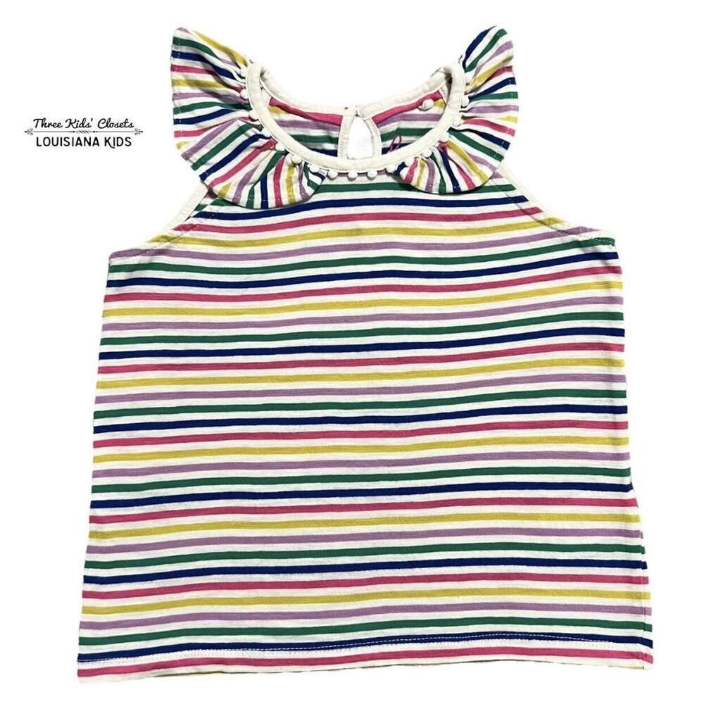 Mini Boden 4-5Y Colorful Ruffle Collar Pom-Pom Tank Top
